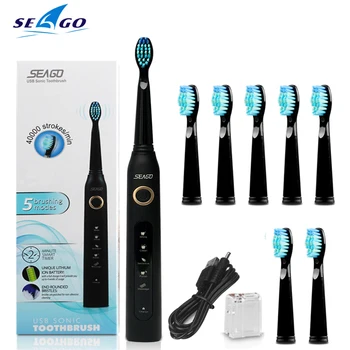 Seago Ultrazvukové Elektrická zubná Kefka Sonic Wave Čisté USB Nabíjateľné Kefka S náhradnými Kefky Hláv 1 rukoväť 8 hlavy