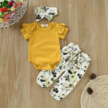 Detské Oblečenie Novorodenca Dievčatá Topy Kombinézu Kvetinový Nohavice hlavový most Oblečenie Oblečenie Set 3KS
