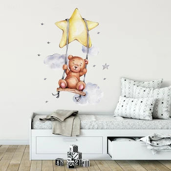 Swing Teddy Bear Boy Hviezdy Cloud Samolepky na Stenu pre Deti Izba chlapčeka Miestnosti Dekorácie Stenu Miestnosti PVC DIY Nálepky