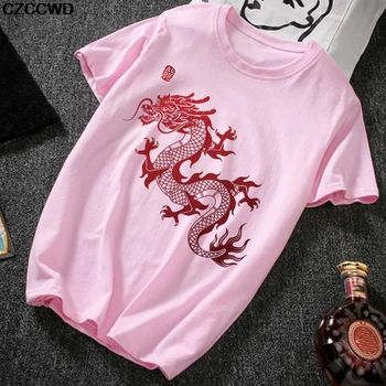 Móda Čínsky Znak, Drak Tlač Ružové Tričko Ženy Plus Veľkosť Bežné Tričko T-Shirt Femme Streetwear Topy Tee Tričko V Lete