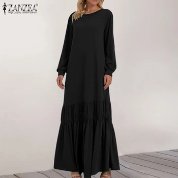 ZANZEA Maxi Dlhé Šaty pre Ženy 2021 Dámy Prehrabať Vestidos Bežné Lístkového Rukáv Župan Femme Nadrozmerné 5XL Jeseň Pevné Sundress