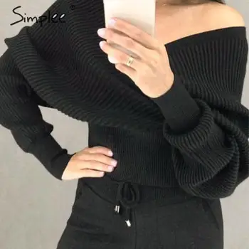 Simplee Sexy v krku ženy pletený sveter sady Dvoch-dielny batwing rukáv jeseň zimné nohavice vyhovovali Elegantné dámy sveter nastaviť 2019