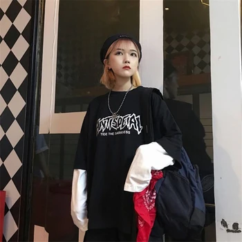 Cool List Tlač Japonsko Harajuku Čierna biela Hip Hop tričká Muži Ženy Jar Falošné Dve Kus Dlhý Rukáv Voľné Tričko Ženy