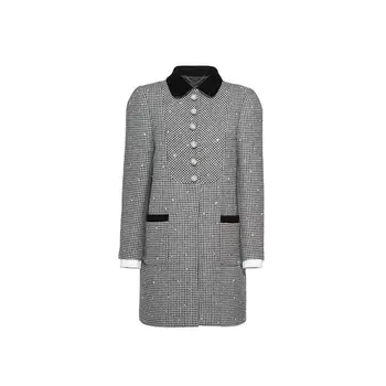 Jeseň Zima Houndstooth Tweed Kabát Ženy Vintage Diamanty Tlačidlá Stredne Dlhá bunda ženy 2020 abrigo mujer