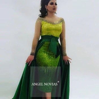 ANJEL NOVIAS Dlhé Rukávy Zelená Luxusné Lištovanie Večerné Šaty 2020 arabčina Dubaj Formálne Večerné Šaty s Odnímateľnou Sukne