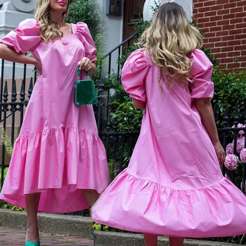 Vitage Dlhé Šaty Ženy Pevné Hot Pink Rozstrapatené Krátky Rukáv Námestie Krku Voľné Šaty Jeseň Elegantné Inregular Šaty Vestidos