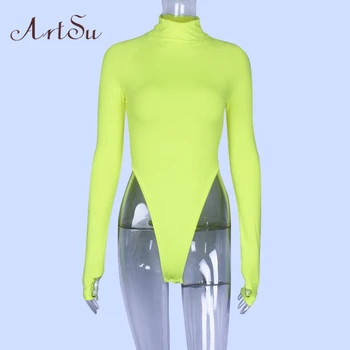 ArtSu Neon Zelená Oranžová Turtleneck Kombinézu Ženy Jeseň Dlhý Rukáv Jumpsuit Nové Bodycon Kombinézu Slim Romper Mujer ASJU60131