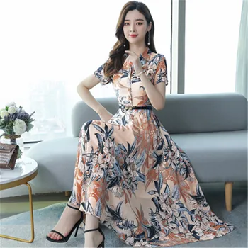2020 kórejský letné nový štýl klope módne temperament šifón tlač strednej dĺžky pása bol chudý-krátke rukávy šaty