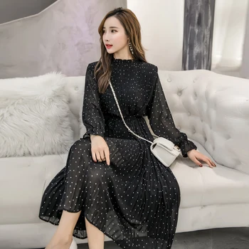 Banulin Čierna Vintage Oblečenie Dlho Šifón Šaty 2020 Nové Jarné Kórejský Módne Ženy Dlhé Rukávy Polka Dot-Pleated Šaty
