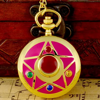 Klasická Móda Ružová Sailor Moon Kryštál Kremeňa Vreckové Hodinky Kúzlo Ženy Zlatý Prívesok Náhrdelník Hodiny Darček