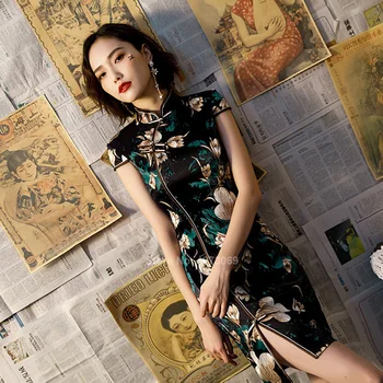 Čínske Tradičné Šaty Qipao Cheongsam pre Ženy, Dievčatá Módneho Fancy Streetwear Kvetinový Vytlačené Tesné Šaty Vintage Vestido