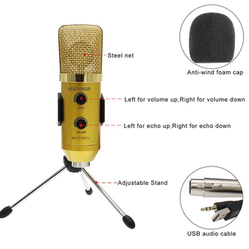 MK-F100TL USB 2.0 Kondenzátora Nahrávanie Zvuku Audio Spracovanie Káblový Mikrofón so Stojanom pre Rádio Braodcasting KTV Karaoke