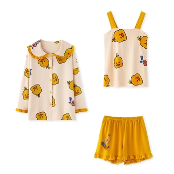 XIFER Nový 7-dielna Pyžamo dámske Pijama Mujer Žltá Kačička Pyžamá pre Ženy Tlač Vzor Bavlna Sexy Ženské oblečenie pre voľný čas