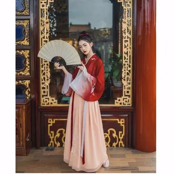 Vintage hanfu letné oblečenie sady ženy šaty gradient maxi šaty študentov sladké šaty, Kostým Čínsky štýl, voľné šaty+sukne