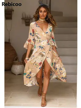 Horela rukáv zábal šaty pre ženy Letné módy 3/4 rukáv hlboko v krku sundress Vintage split dlho maxi šaty vestidos