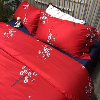 Čína červená Slivka kvet Luxusné Princezná posteľná bielizeň Nastaviť Egyptskej Bavlny Perinu Posteľ List obliečky na Vankúše Kráľovná King Size 4pcs #a