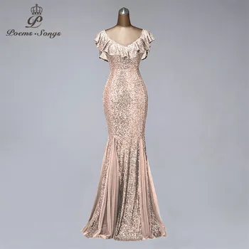 Krásne tvaru večerné šaty žena strany noc zlato morská víla šaty večerné šaty elegantné šaty ples s jedinečným golier