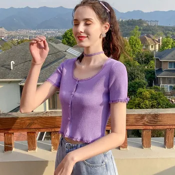 Tričká Ženy Lete Farbou Čipky Harajuku Pletené kórejský Topy žena-Krátke rukávy O Krk Slim T shirt Nové