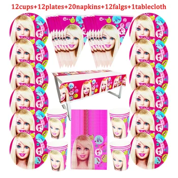 Barbie Party Tému Jednorázový Riad Dizajn Deti Narodeninovej Party Papier Doska+Pohár+Obrúsok+Vlajka+Obrus 57pcs Strana Dodávky