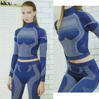 Kliou ženy módne športové fitness tepláky turtleneck celý rukáv top elastické vysoký pás legíny 3D tlač pruhované oblečenie