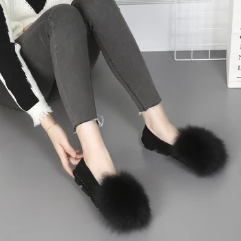 2020 Najnovšie fox kožušiny loptu topánky platformu ženy hrubé dno moccasins bytov pohodlie plyšové pošmyknúť na lazy popínavé rastliny chlpaté espadrily