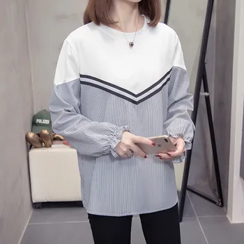Plus veľkosť pruhovaný top t-košele pre ženy 2020 jesenné trendy voľné patchwork long sleeve tee košele, Ženské nadrozmerná kórejský tričko