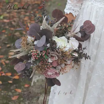 PEORCHID Vintage Svadobné kytice Pre Nevestu Eukalyptu Bouquet De Noiva Colorido Umelé kvety Hádzanie Kytice