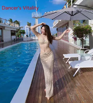 Brušný Tanec Oblek Nový Súbor Nádherné Krištáľové Perly Pokrýva Brucho Profesionálny Výkon Kostým Sexy Výrez Praxi Oblečenie