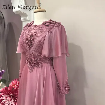 Arabské Moslimské Dlhé Rukávy Večerné Šaty 2020 Koncert Belques Šifón Čipky 3D Kvety Dĺžka Podlahy Formálne Šaty Pre Ženy Nosia