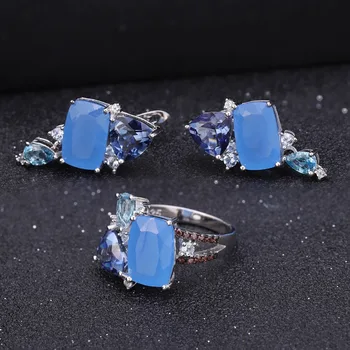 GEM BALET Prírodné Aqua-modrá Calcedony Geometrické Bežné Šperky 925 Sterling Silver Ring Náušnice Šperky Set Pre Ženy Darček