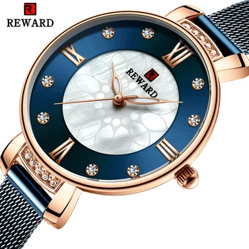 Odmena Shell Dial Modrá Ženy Hodinky Top Značky Luxusné Drahokamu Ocele Milanese Popruh Náramkové hodinky Dámske Hodinky reloj mujer