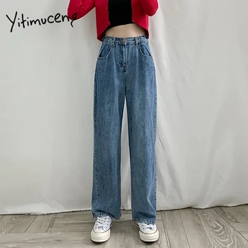 Yitimuceng vysoký pás džínsy žena street style Pozdĺžne Skladaný Plnej Dĺžke džínsové nohavice Voľné Rovno Bežné nohavice, džínsy