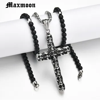 Maxmoon Veľké Katolíckej Lebky Kríž S Black Perličiek Vyrezávané Ruženec Prívesok Dlho Collier Vyhlásenie Náhrdelník Mužov Šperky