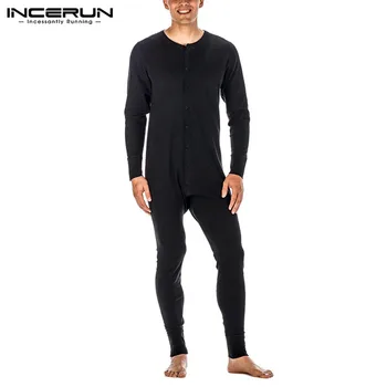 Jednofarebné Mužov Pyžamo Jumpsuit Voľný čas, oblečenie pre voľný čas Dlhý Rukáv V Krku Tlačidlo Mens Remienky Sleepwear Pohodlný Odev INCERUN