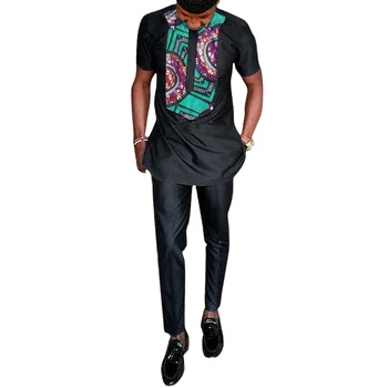 Afrika Tlač Krátky Rukáv Dashiki Módne Mužov Nohavice Sady Black Top+Nohavice 2 Ks pánske Oblečenie Pre Africké Podujatí