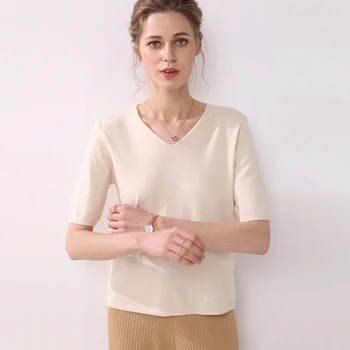 Dámske krátke rukávy tvaru letné krátke bežné farbou módne dámske pletené sveter top
