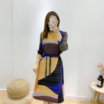 Miyake Skladaný kórejský šaty 2020 jeseň fashion ženy Plus Veľkosť Pásu Tri Štvrtiny rukáv estetické oblečenie vintage šaty