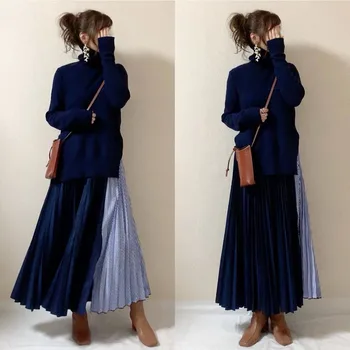 Pulóvre, Pletené Šaty kórejský Japonskom Štýle Žien Knitwear Dlhý Rukáv Patchwork Maxi Šaty 2020 Elegantné Femme Vestiods Nové