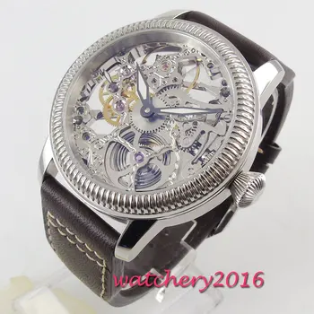 Luxusné 44 mm PARNIS Duté pánske hodinky svietiace ručičky 17 šperky mechanické 6497 kostra ručné navíjanie pohyb pánske hodinky