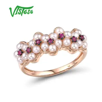 VISTOSO Zlaté Prstene Pre Ženy, Skutočné 14K 585 Rose Gold Ring Prírodné Ruby Čisto Biely Čerstvej Vody Pearl Luxusné Módne Jemné Šperky