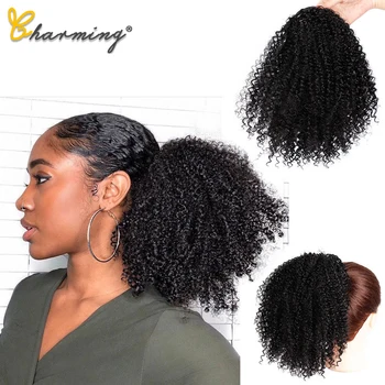 OČARUJÚCE Kinky Afro Kučeravé Cope, predlžovanie Vlasov Šnúrkou Afro Americký Krátke Zábal Chignon Syntetické Lístkového Klip v Hairpiece