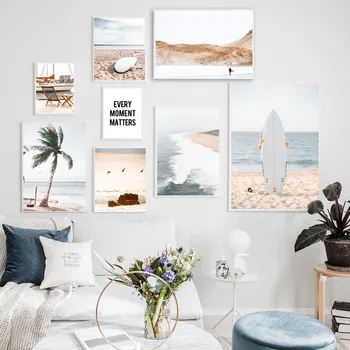 Morské Vlny Pláž Coconut Tree Surf Wall Art Plátno Na Maľovanie Nordic Plagáty A Potlačou Obrazov Na Stenu Pre Obývacia Izba Dekor