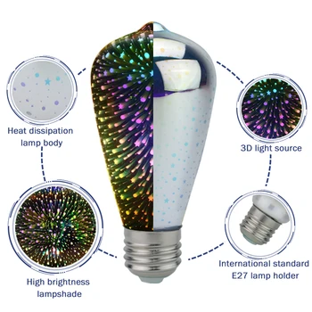 3D Farebné Led Žiarovka 85-265V E27 Star Fireworks Edison Žiarovka Pre Dovolenku Vianočné Dekorácie Bar LED Lampa Lamparas Bombillas
