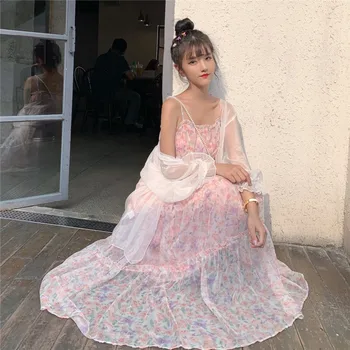Sannian Ženy Šaty 2020 Lolita Kvetinové Šaty Letné Nový Kórejský Voľné Šifón Podväzkové Šaty + Krém Na Opaľovanie Tričko Ženy Oblečenie