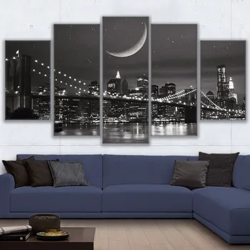Plátno Obrazy Modulárny Wall Art Rám Domova 5 Kusov New York mesačnú krajinu Obrázky HD Vytlačí Brooklyn Bridge Plagát PENGDA