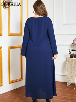 Siskakia Vintage Etnických Výšivky Abaya Šaty pre Ženy Jeseň 2020 Plus Veľkosť Navy Blue s Dlhým Rukávom Turecko arabské Moslimské Oblečenie