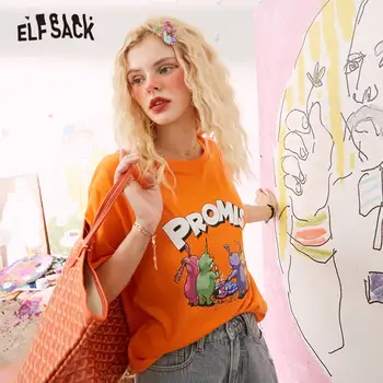 ELFSACK Black Zábavné Grafické Tlače Bežné Nadrozmerná Ženy T-Shirts 2020 Lete ELF Orange Krátky Rukáv kórejskej Ženy Denne Topy