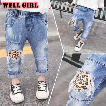 Baby dievčatá džínsy, nohavice leopard denim patchwork polovice pás roztrhlo núdzi otvory nohavice deti elastický pás 1 do 8 rokov