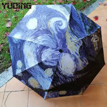 Yuding Non-automatické Tri-Skladanie Van Gogha, Hviezdna Noc olejomaľba Dáždnik Dospelých Žien odolný voči Vode Dáždniky Ako Darček