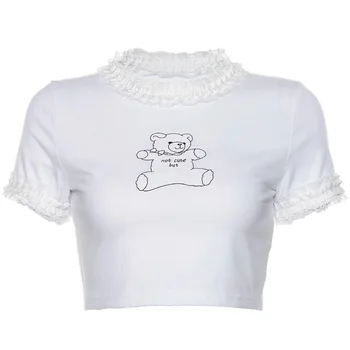Roztomilý Kreslený Medveď Vytlačené Tričko Biele Plodín Top Ženy T-shirts Letné Módy Bavlna Tee Tričko Basic Bežné Topy Tee Streetwear